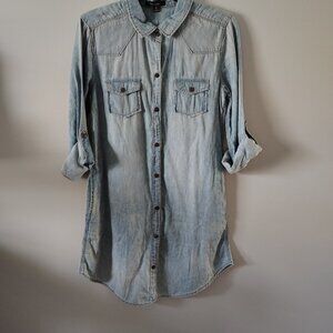 New Look Shirt Dress Sz M Blue Denim Chambray 3/4 Sleeves Lightweight